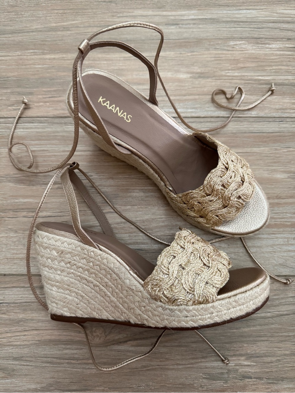 Kaanas Eve Gold Braided Espadrille Wedges with Ankle Wrap Size 8